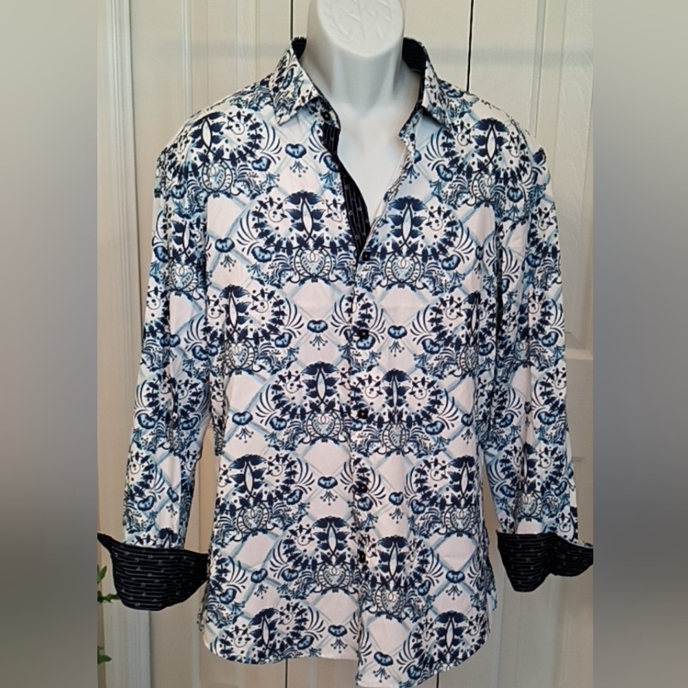 Bespoke Navy and White Ornate Printed Button-Down Shirt